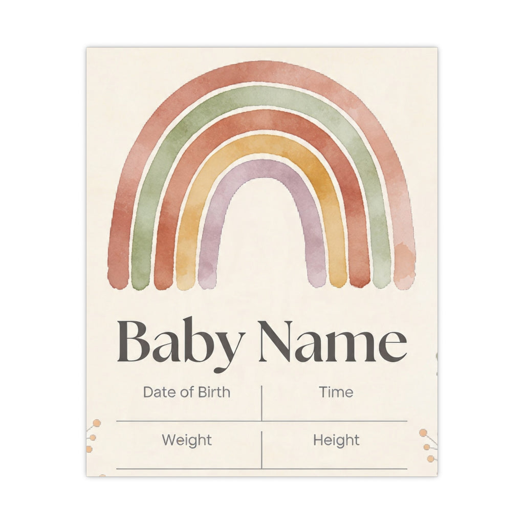 Personalisiertes Babynamensposter – Regenbogen-Geburtsdaten, mattes Design