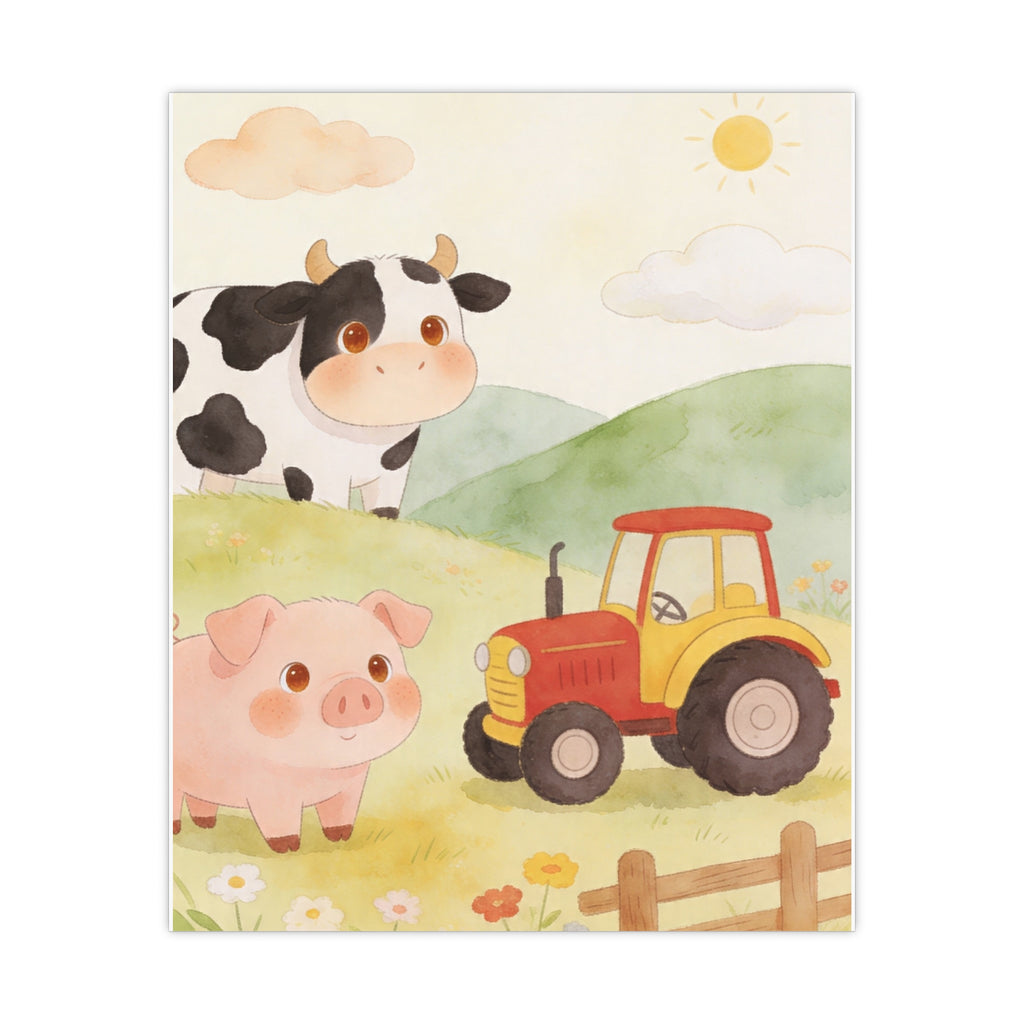 Bauernhof-Freunde – Mattes Poster – Niedliche Kuh, Schwein & Traktor – Wanddeko fürs Kinderzimmer