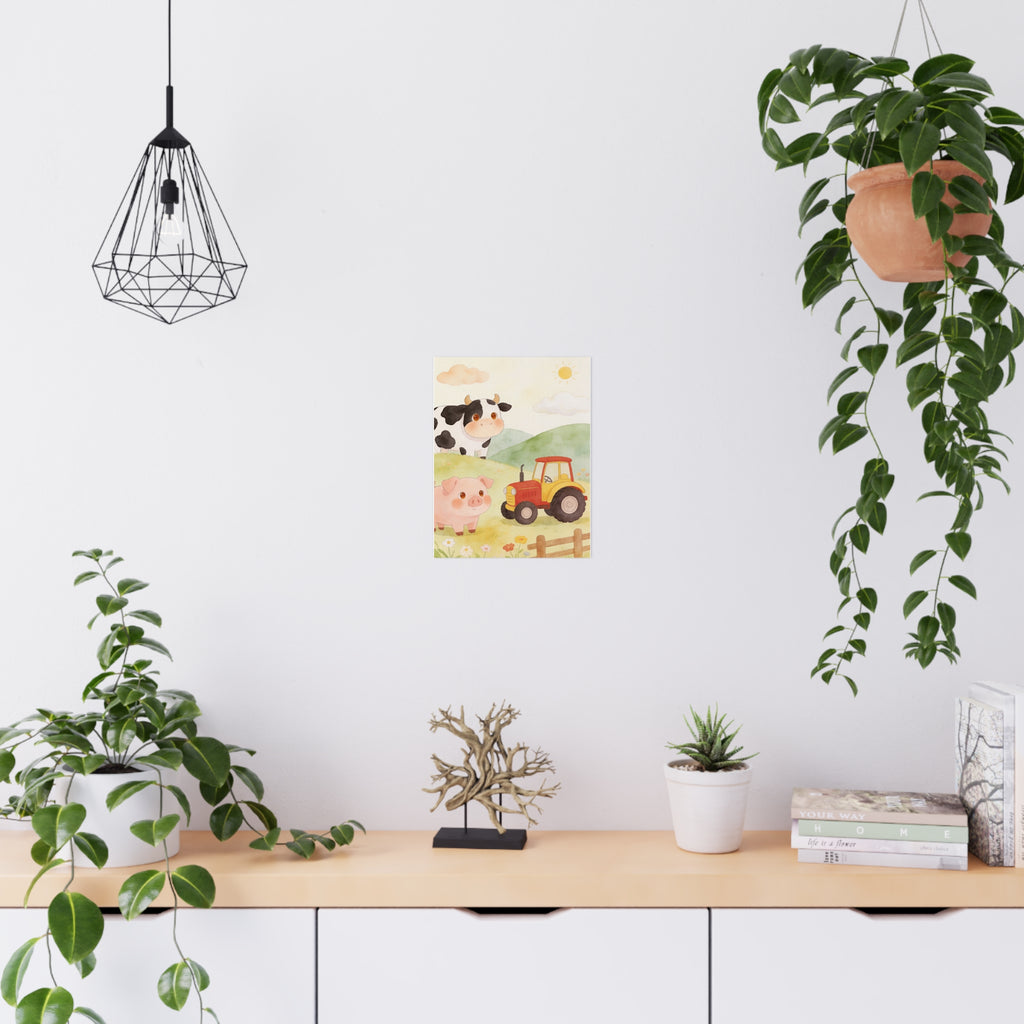 Bauernhof-Freunde – Mattes Poster – Niedliche Kuh, Schwein & Traktor – Wanddeko fürs Kinderzimmer