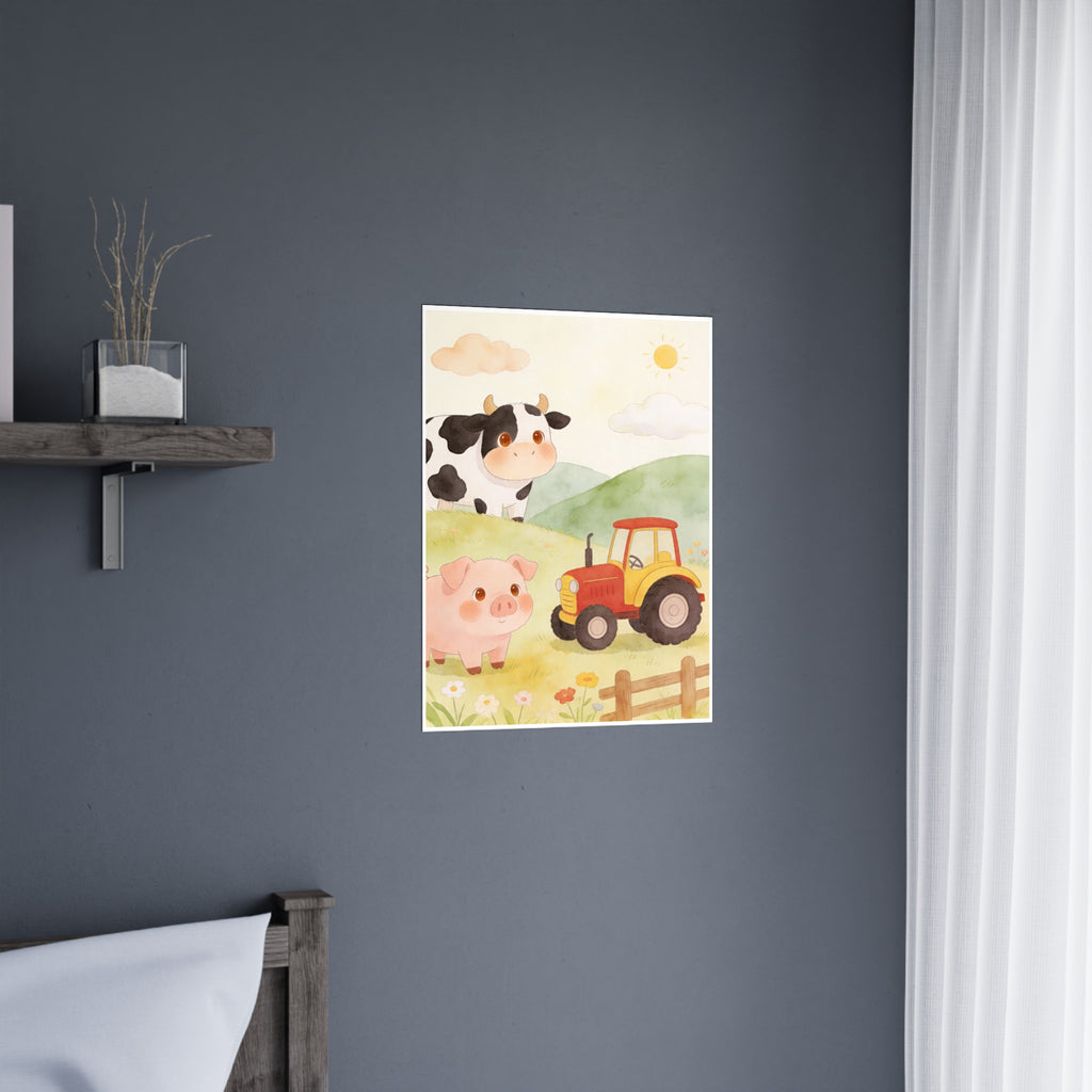 Bauernhof-Freunde – Mattes Poster – Niedliche Kuh, Schwein & Traktor – Wanddeko fürs Kinderzimmer