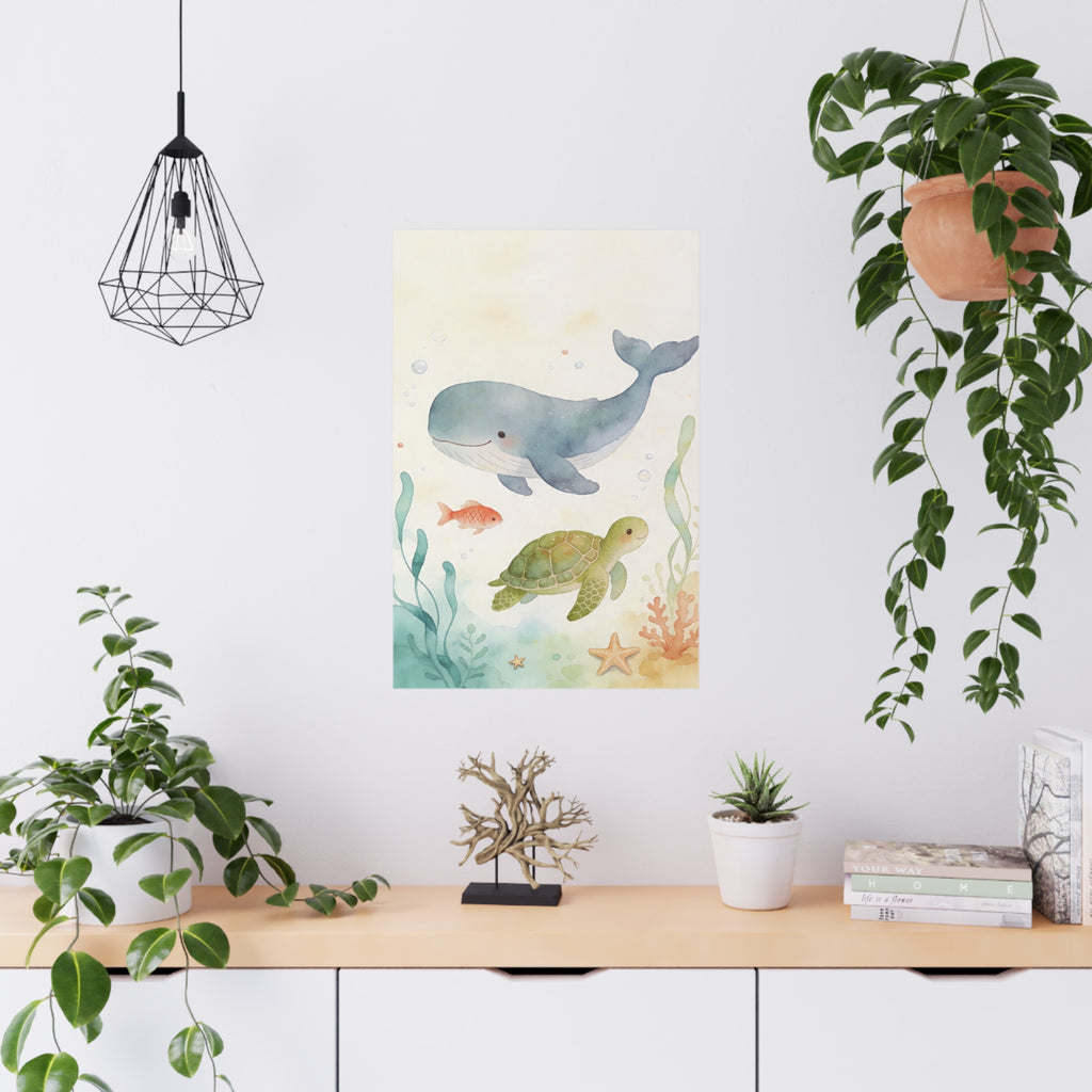 Wal- Wal- und Schildkröten-Ozean-Kinderzimmerposter — Mattes Wandbild für Kinder
