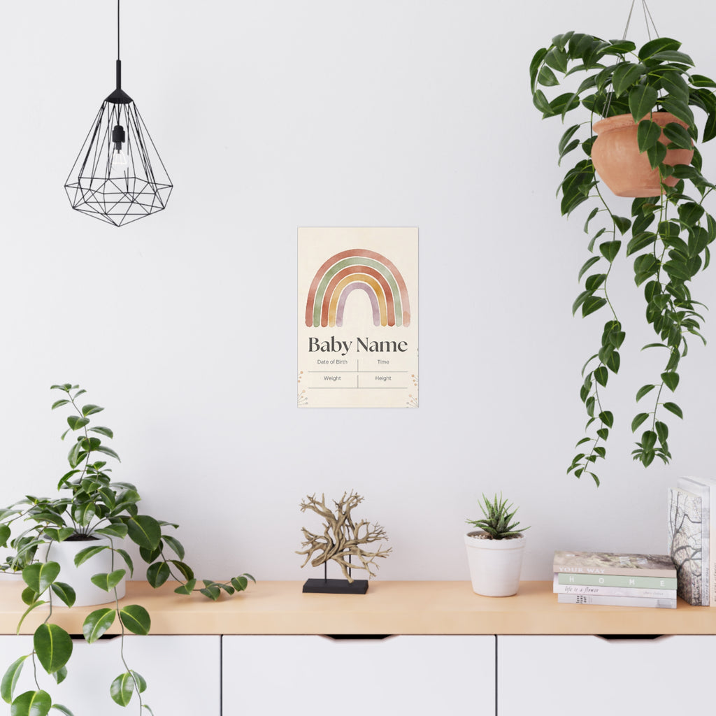 Personalisiertes Babynamensposter – Regenbogen-Geburtsdaten, mattes Design