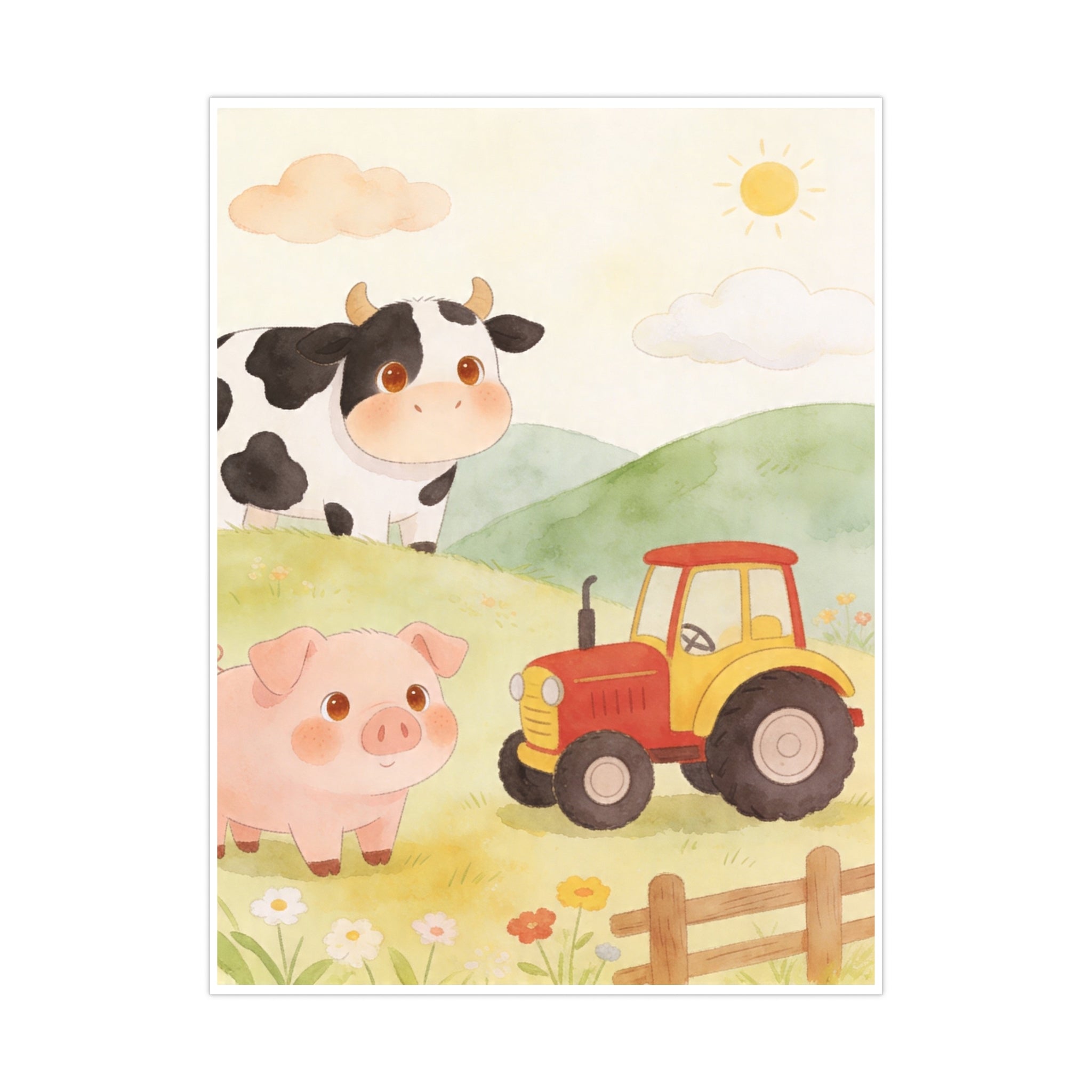 Farm Friends Matte Poster — Cute Cow, Pig & Tractor Nursery Wall Art
