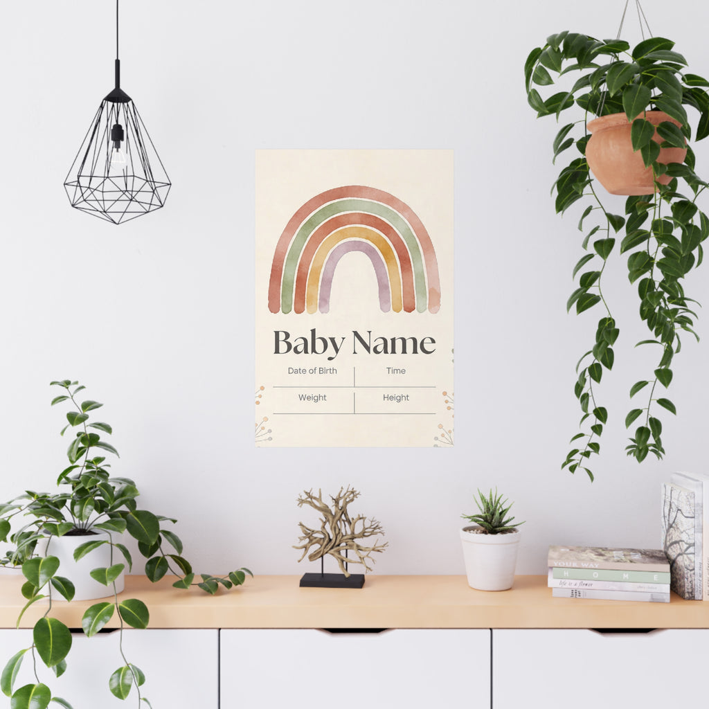 Personalisiertes Babynamensposter – Regenbogen-Geburtsdaten, mattes Design
