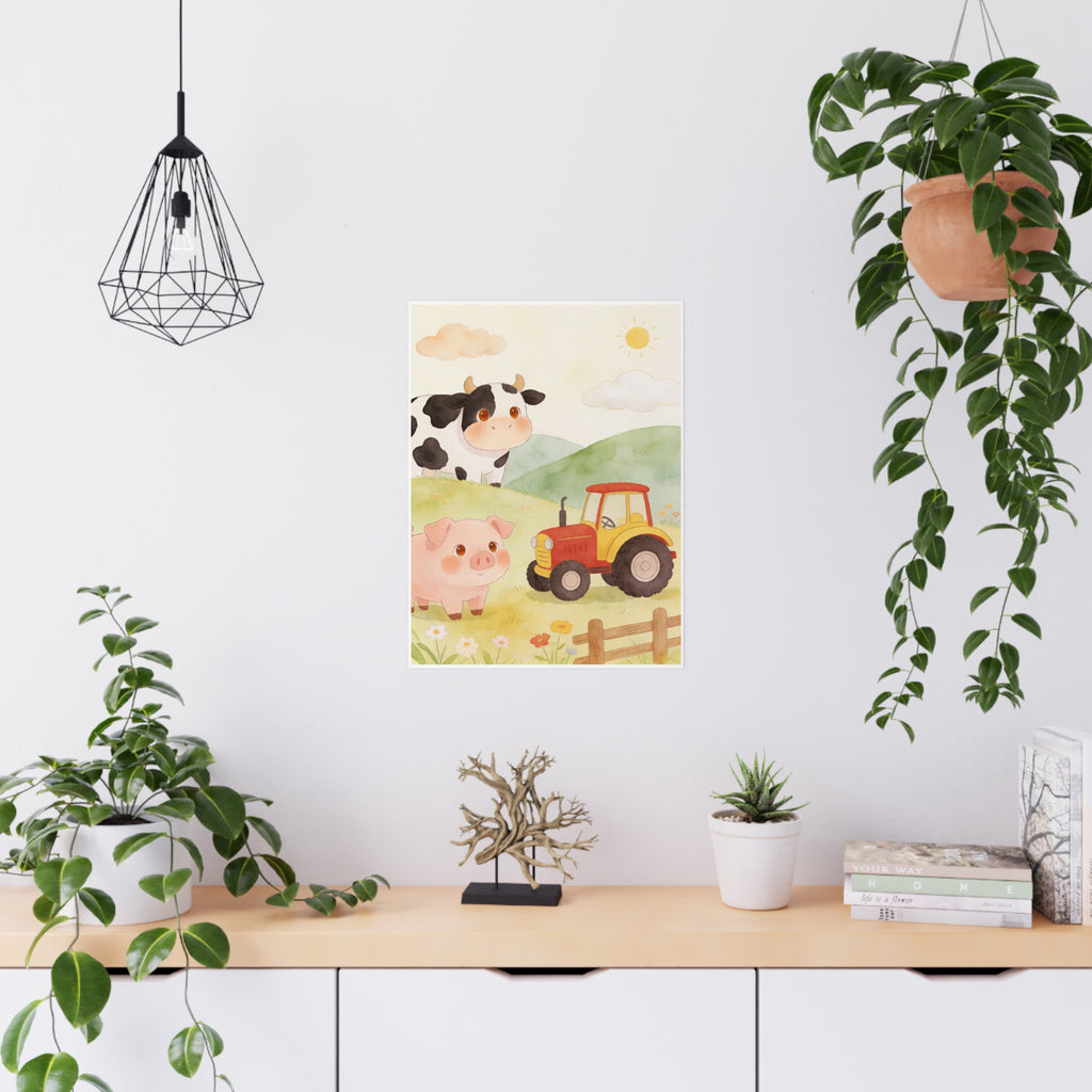 Bauernhof-Freunde – Mattes Poster – Niedliche Kuh, Schwein & Traktor – Wanddeko fürs Kinderzimmer