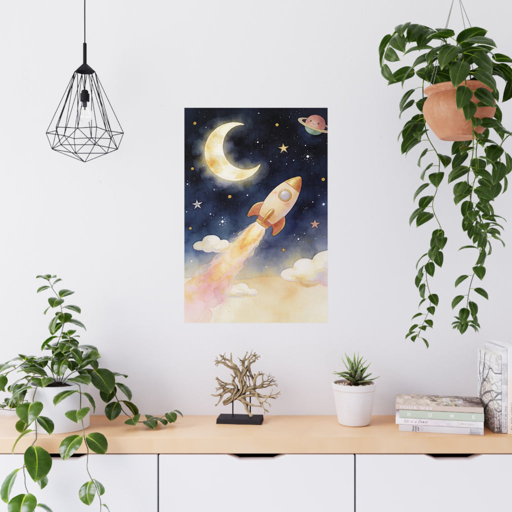 Raketen-Mond-Poster fürs Kinderzimmer – Verspielte Weltraum-Wandkunst fürs Kinderzimmer