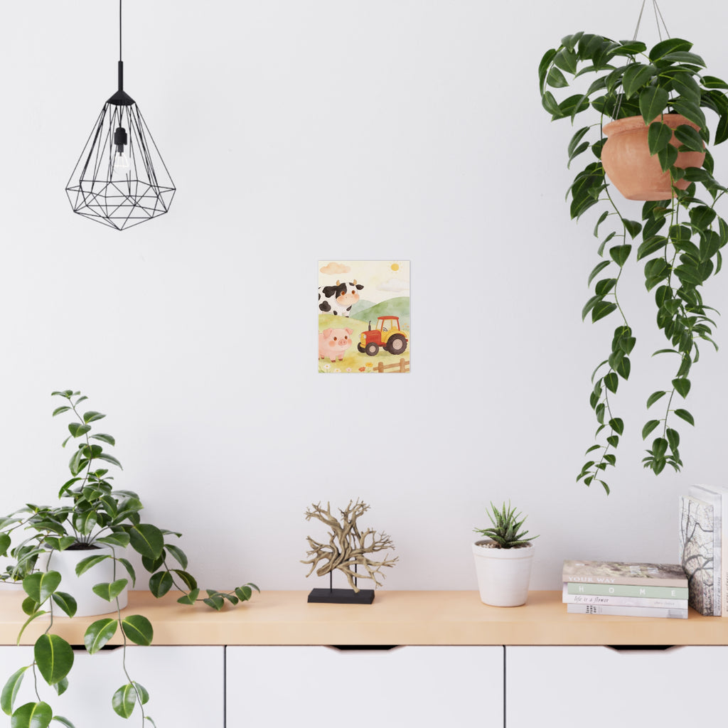 Bauernhof-Freunde – Mattes Poster – Niedliche Kuh, Schwein & Traktor – Wanddeko fürs Kinderzimmer